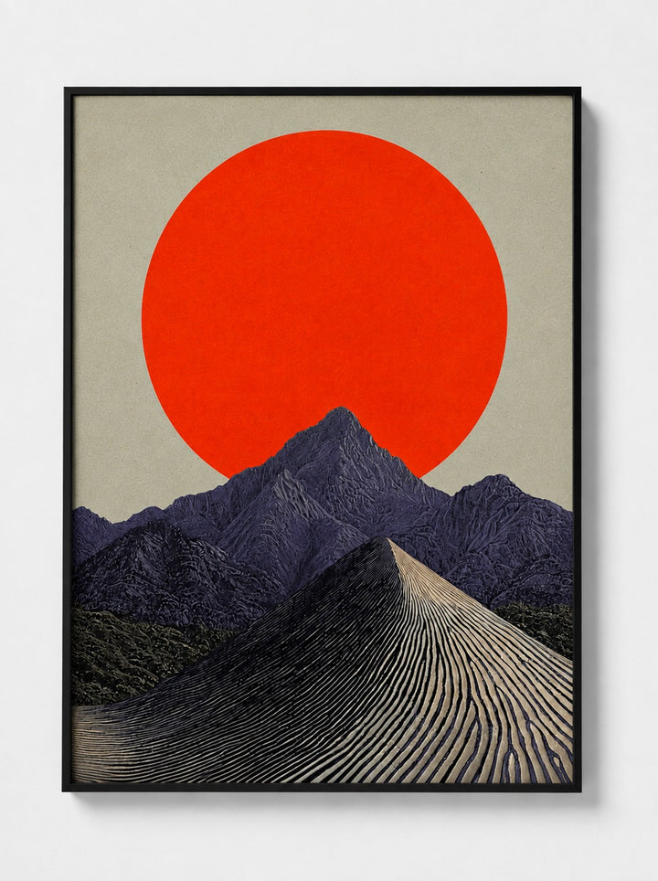 Black-framed mountain landscape art print with red sun and striped foreground