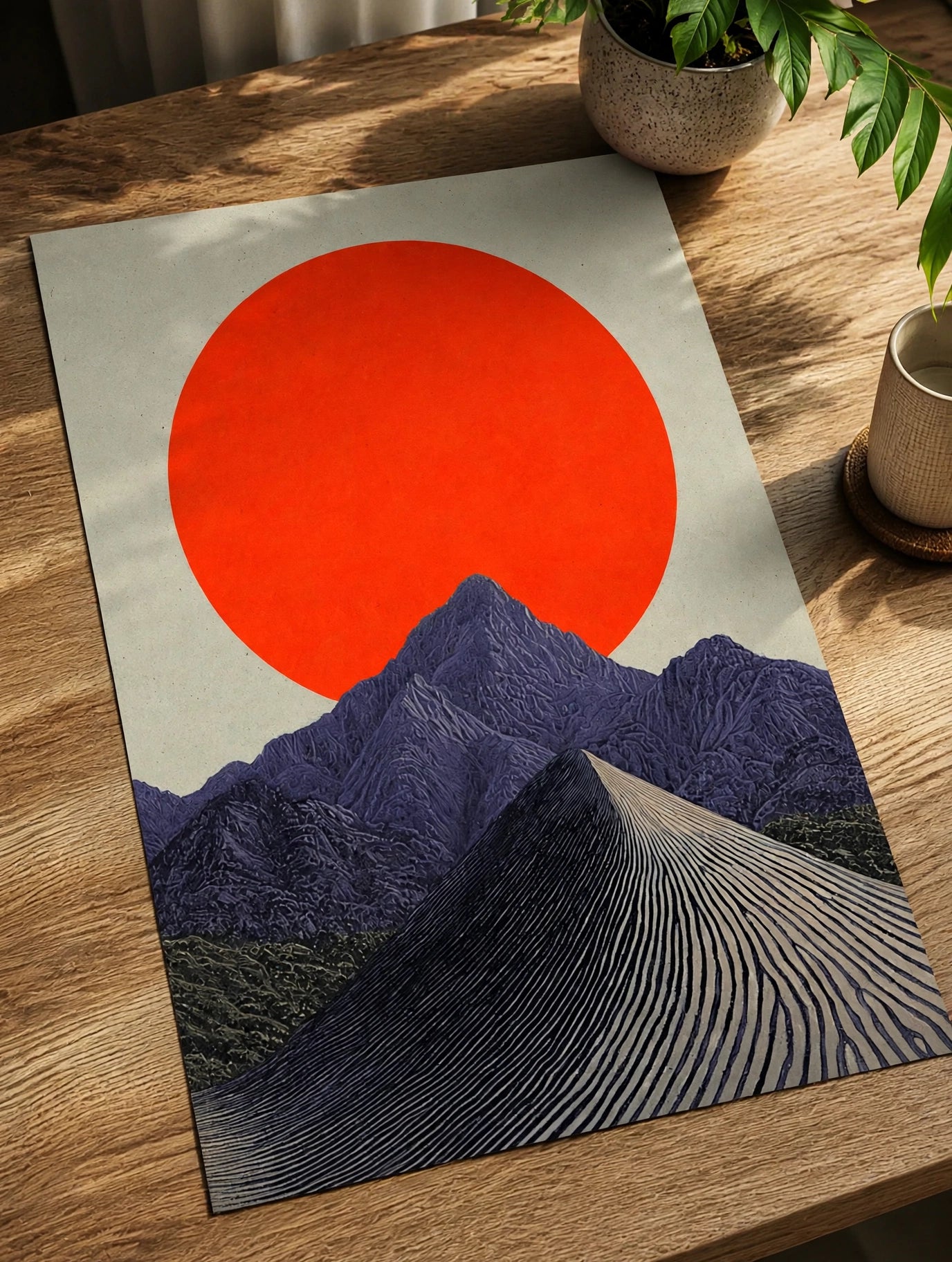 Mountain landscape art print with red sun, purple mountains, and striped dunes