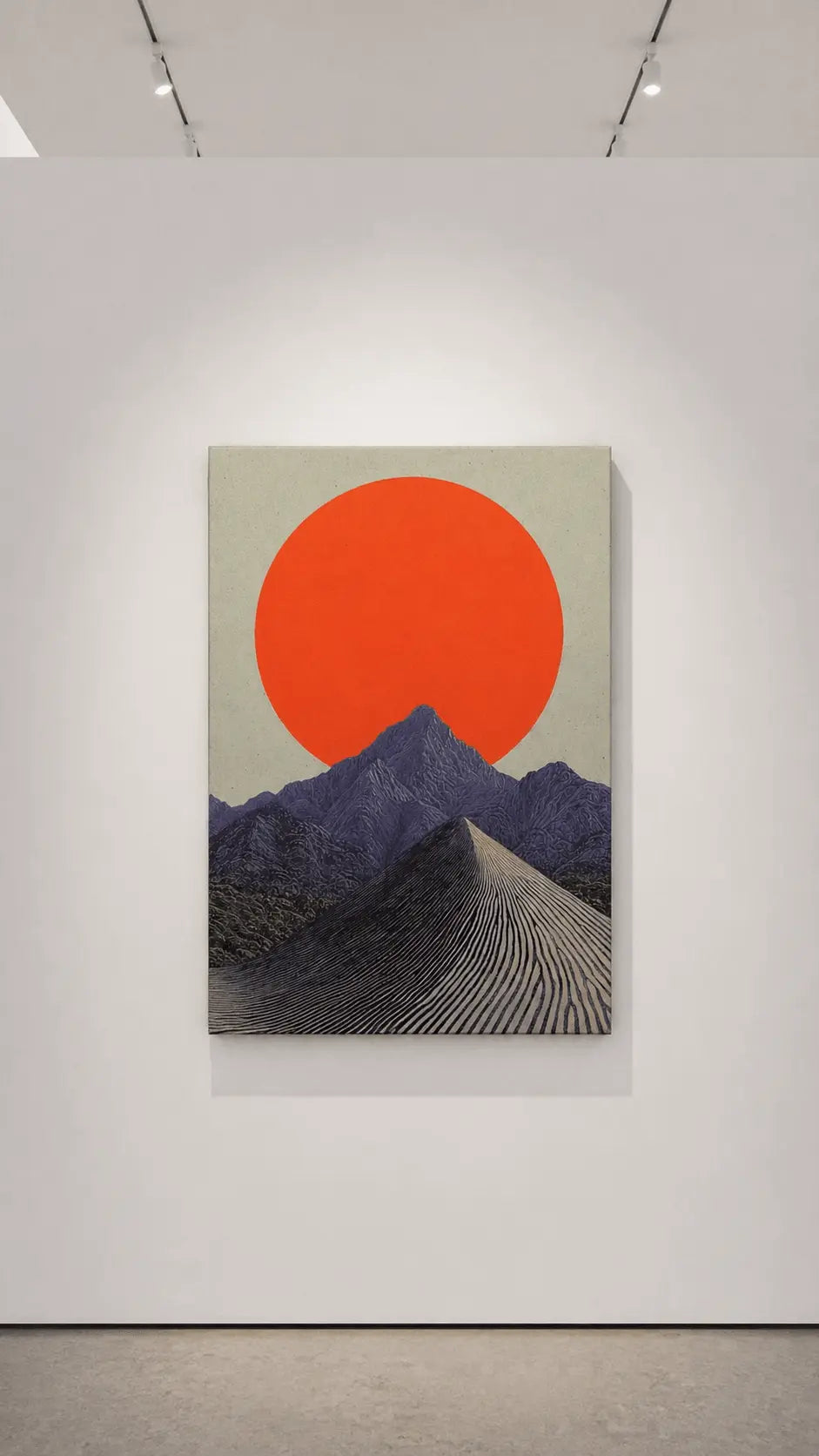 Red Mountain Print displayed on stretched canvas with a crimson sun, layered blue peaks and geometric landscape details.