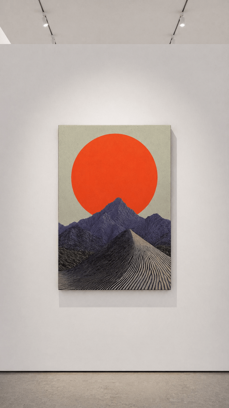 Red Mountain Print displayed on stretched canvas with a crimson sun, layered blue peaks and geometric landscape details.