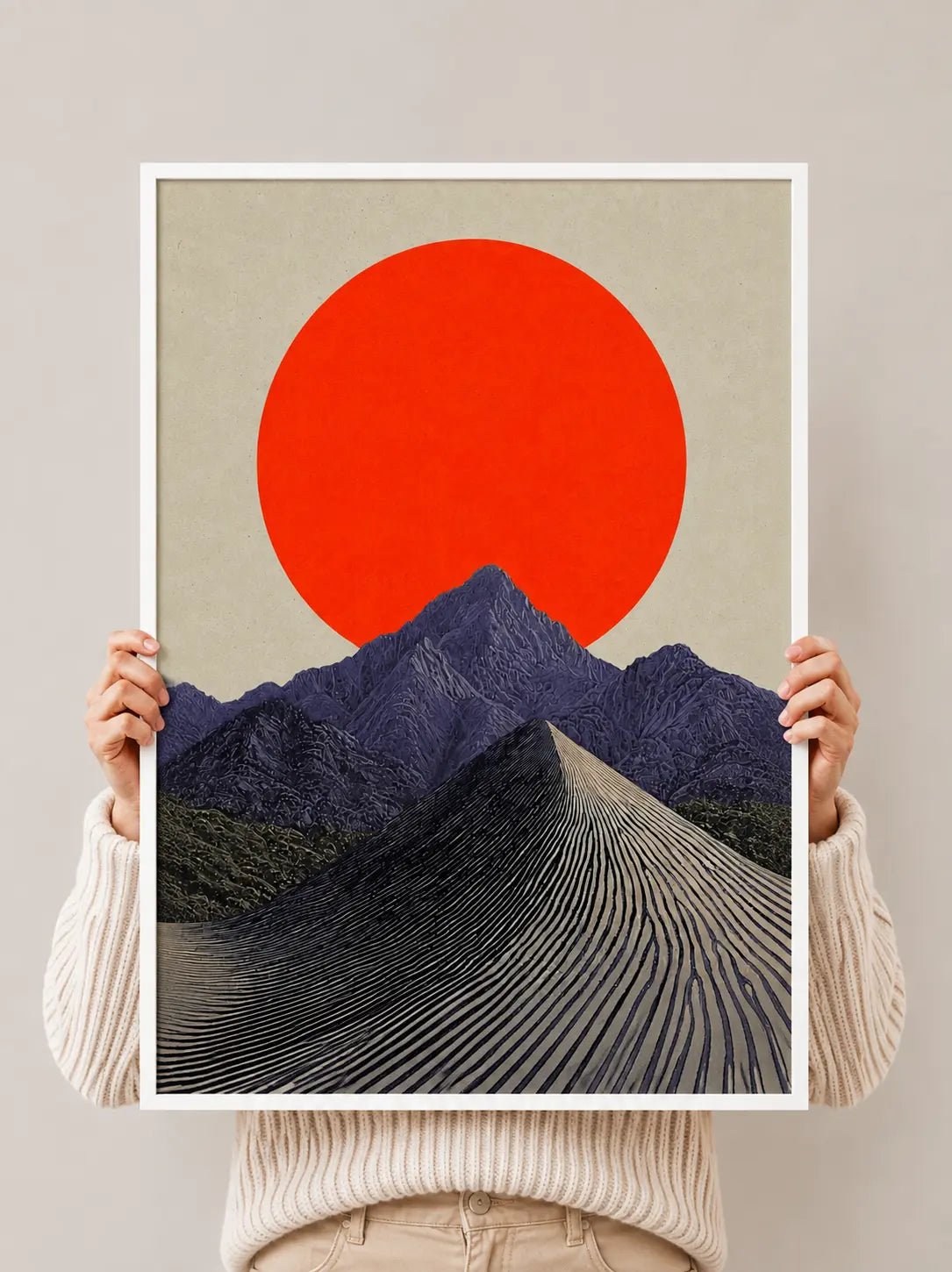 Mountain landscape art print with red sun circle, purple peaks, and striped valley