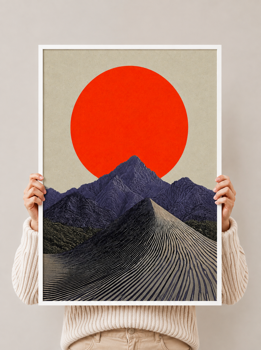 Mountain landscape art print with red sun circle, purple peaks, and striped valley