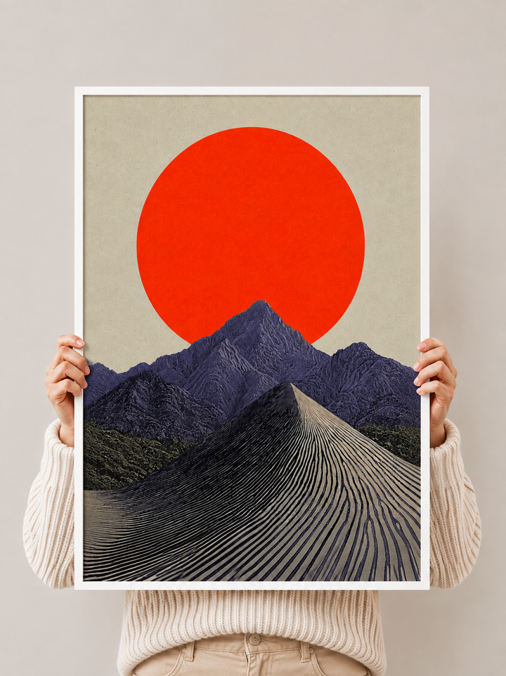 Mountain landscape art print with red sun circle, purple peaks, and striped valley