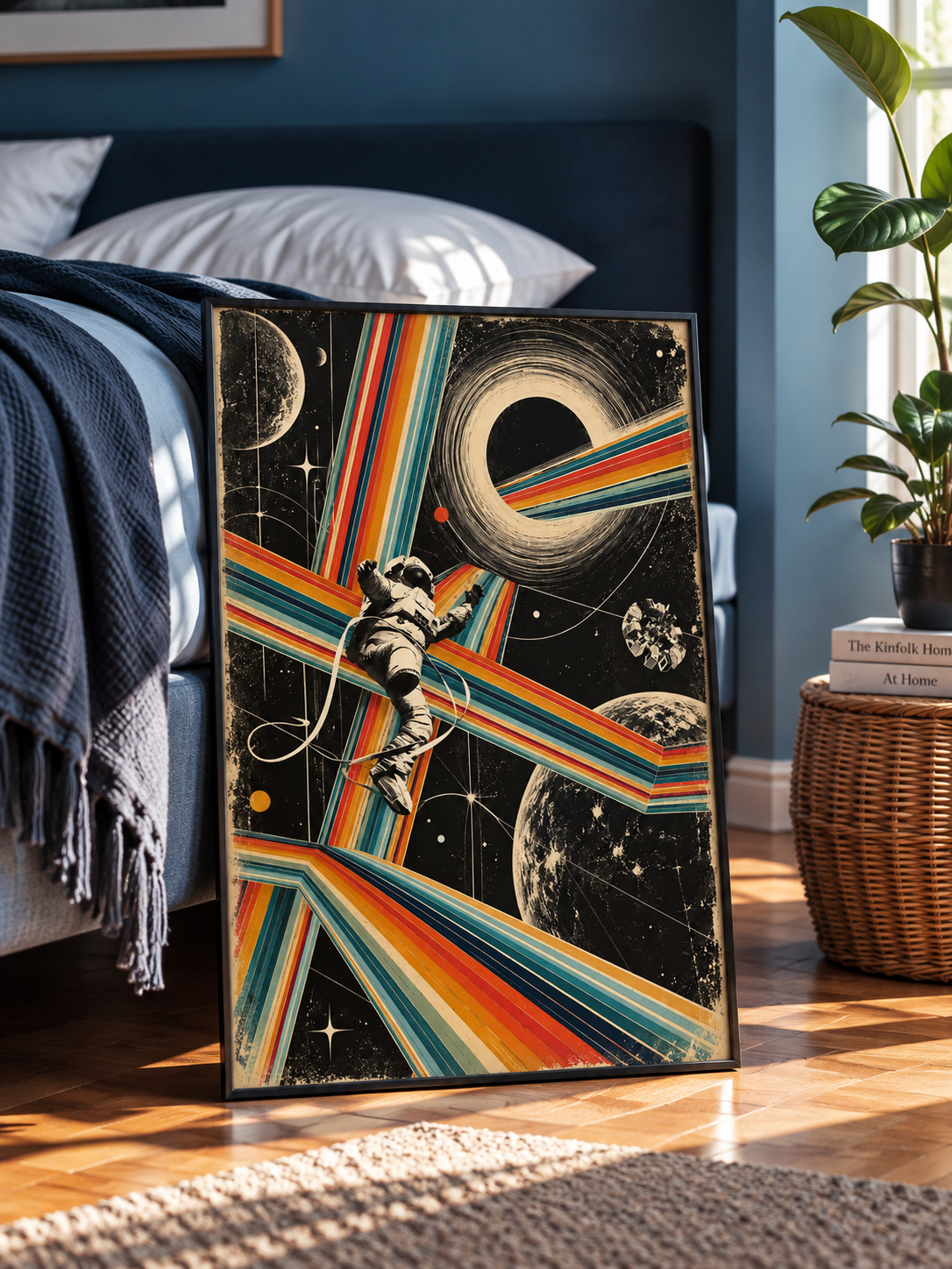 Space-themed wall art poster leaning with astronaut, planets, and rainbow stripes