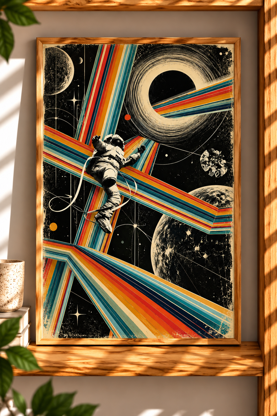 Spacecraft Wall Art shown in a warm interior with Saturn, planetary forms and a dynamic retro futuristic composition