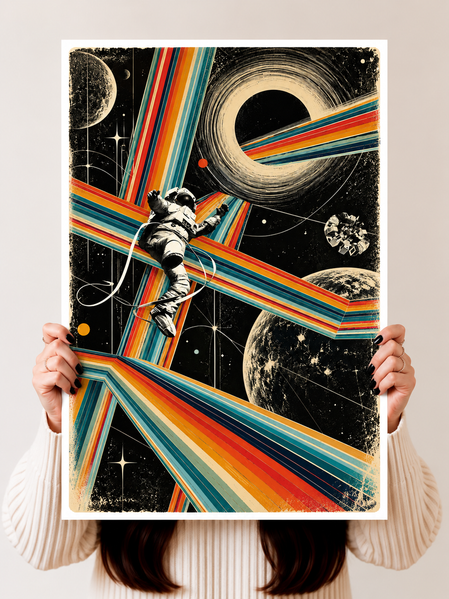 Spacecraft Wall Art featuring a vintage inspired rocket surrounded by sweeping orange, teal and cream space graphics