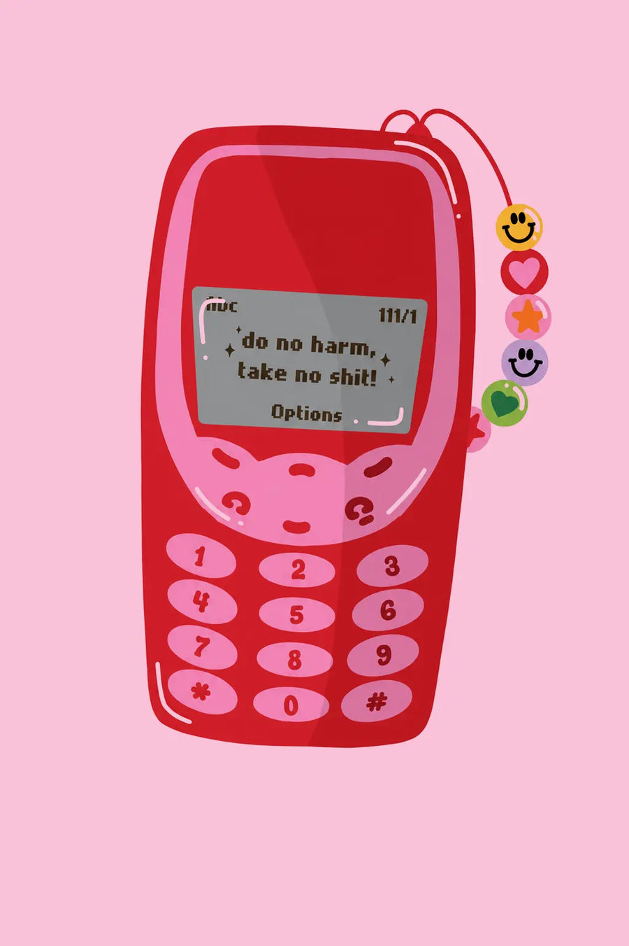 Retro phone print close-up with red cartoon phone, keypad, and speech text