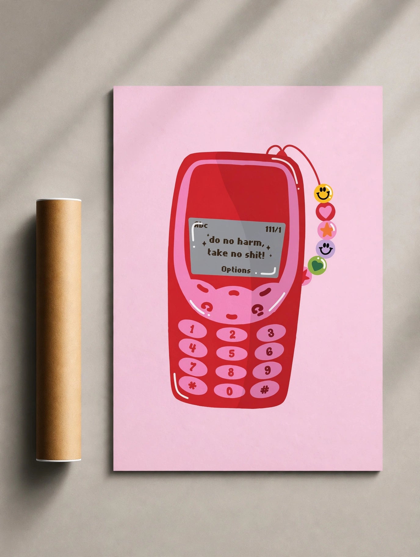 Pink retro phone print with red smartphone illustration and white border