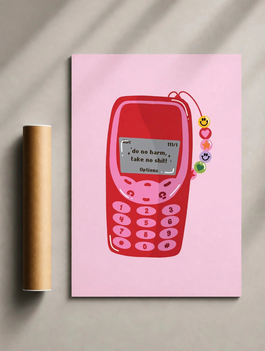 Rosa Retro-Telefonprint mit roter Telefonillustration und weißem Rand