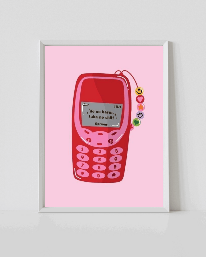 White-framed retro phone print with red cartoon phone and small smiley icons