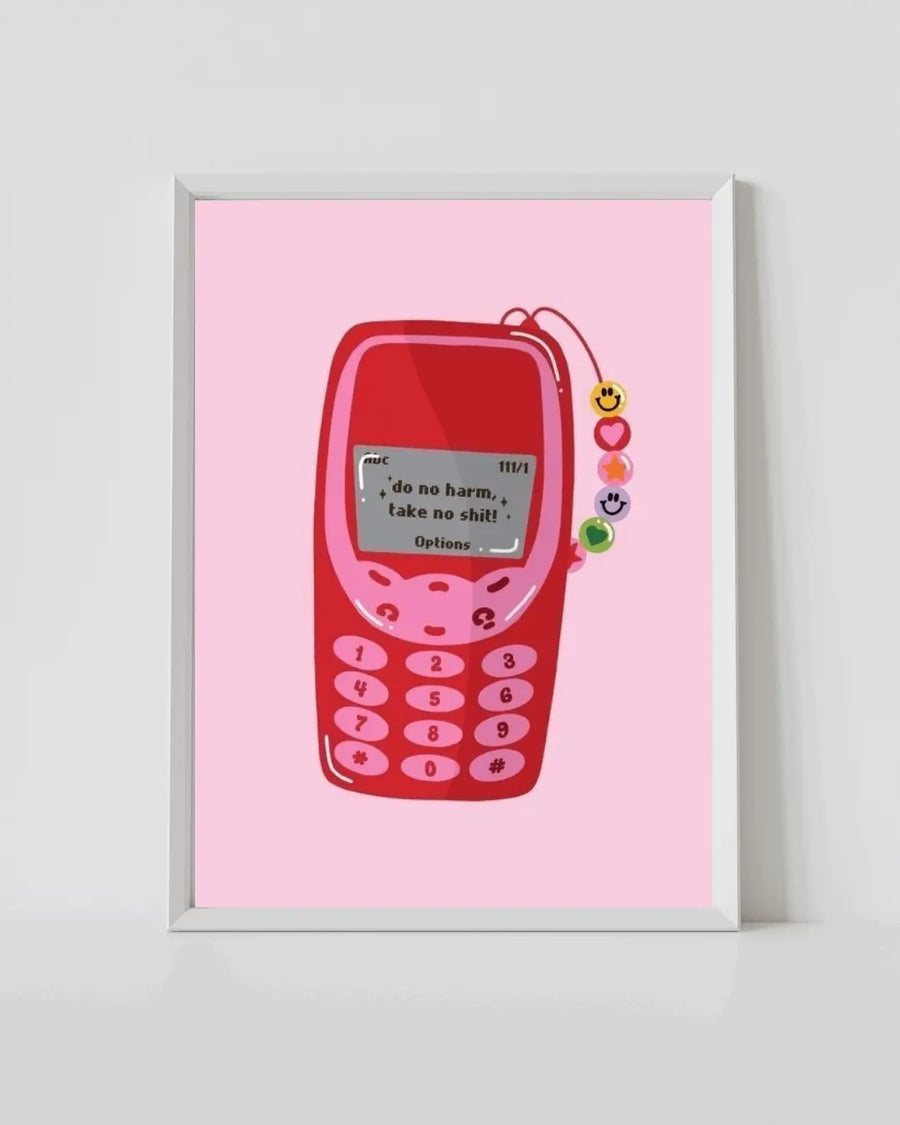 White-framed retro phone print with red cartoon phone and small smiley icons