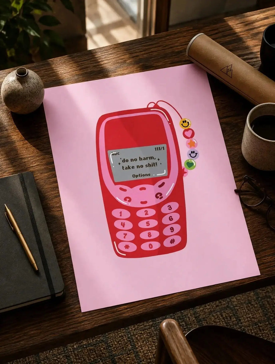 Retro phone print on wooden desk with red cartoon phone illustration