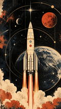 Close-up rocket launch wall art print with fiery thrusters, space planets, and stars