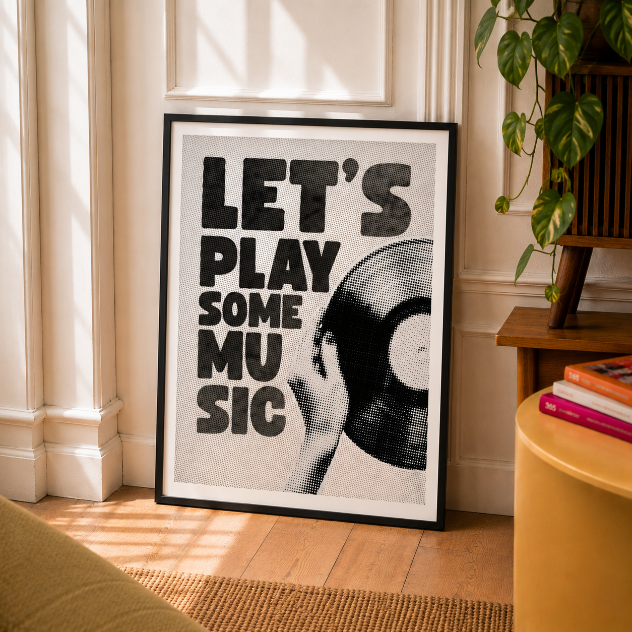 Music Typography Art Print featuring bold Let’s Play Some Music lettering and black vinyl imagery