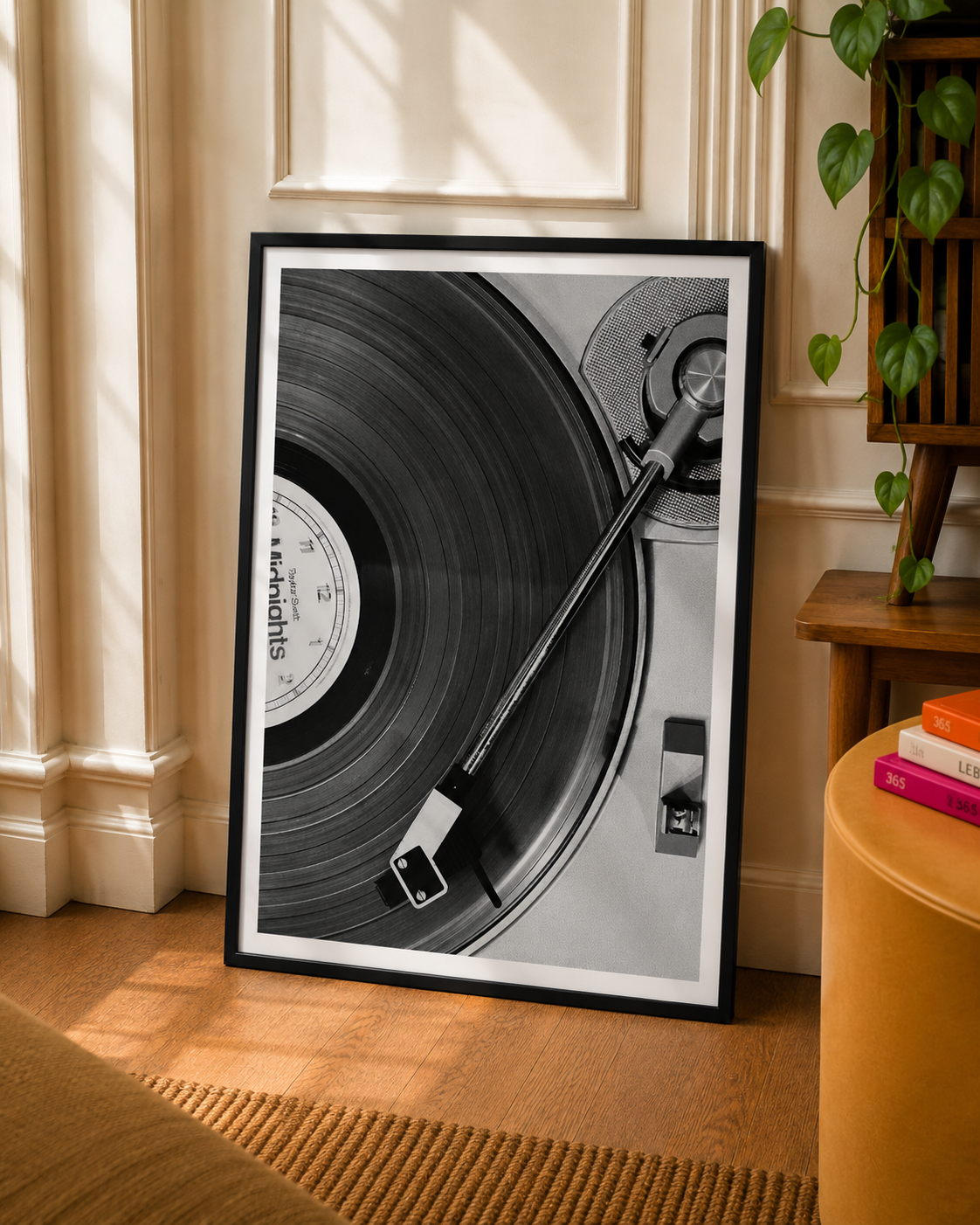 Vinyl Record Photography Art Print featuring a close up black and white turntable and record needle