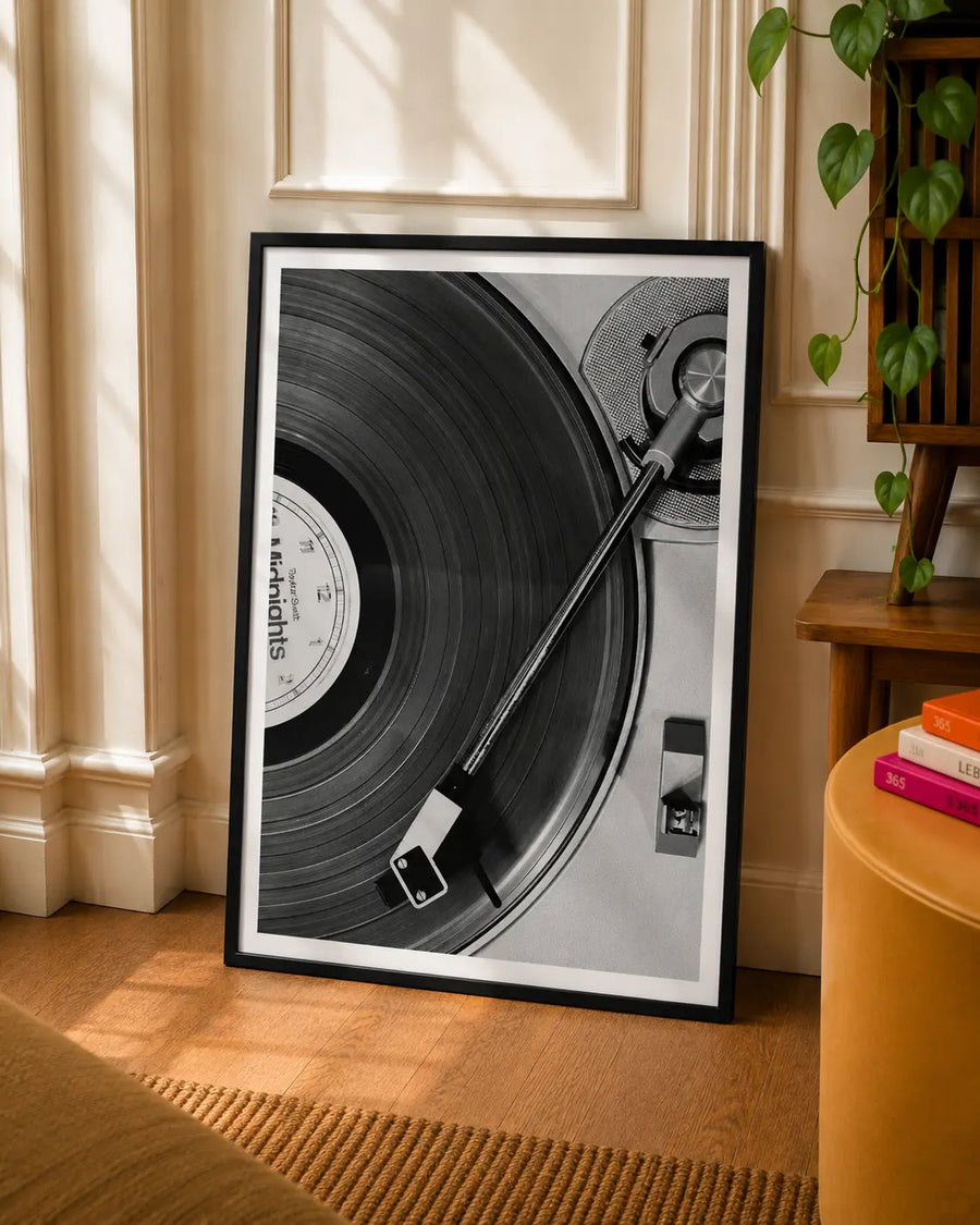 Vinyl Record Photography Art Print featuring a close up black and white turntable and record needle