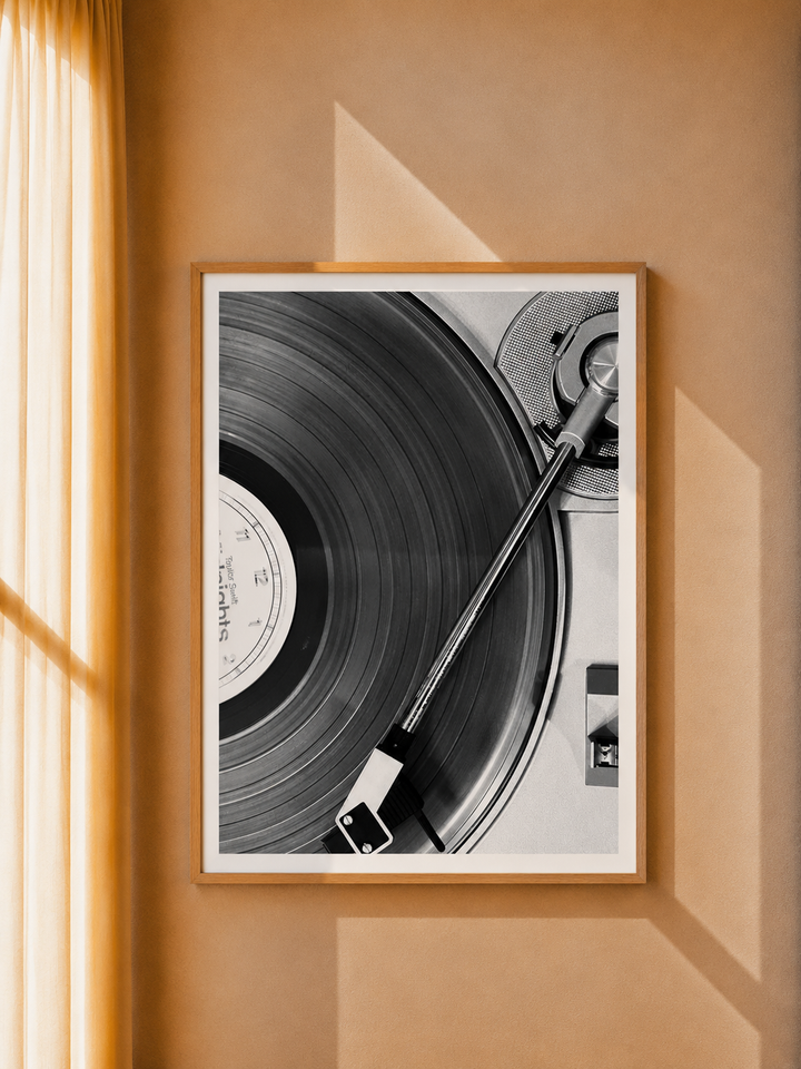 Vinyl Record Photography Art Print featuring detailed vinyl grooves and a classic turntable tonearm