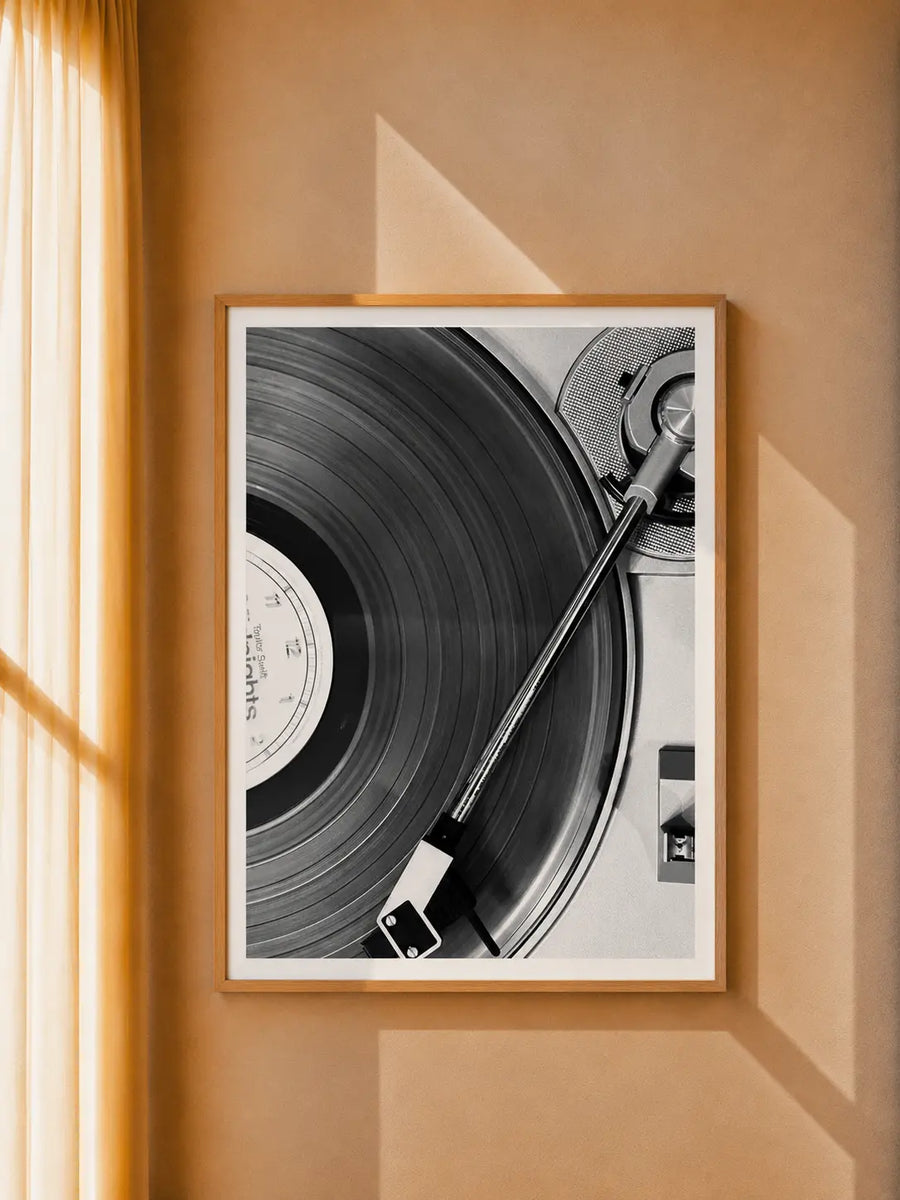 Vinyl Record Photography Art Print featuring detailed vinyl grooves and a classic turntable tonearm