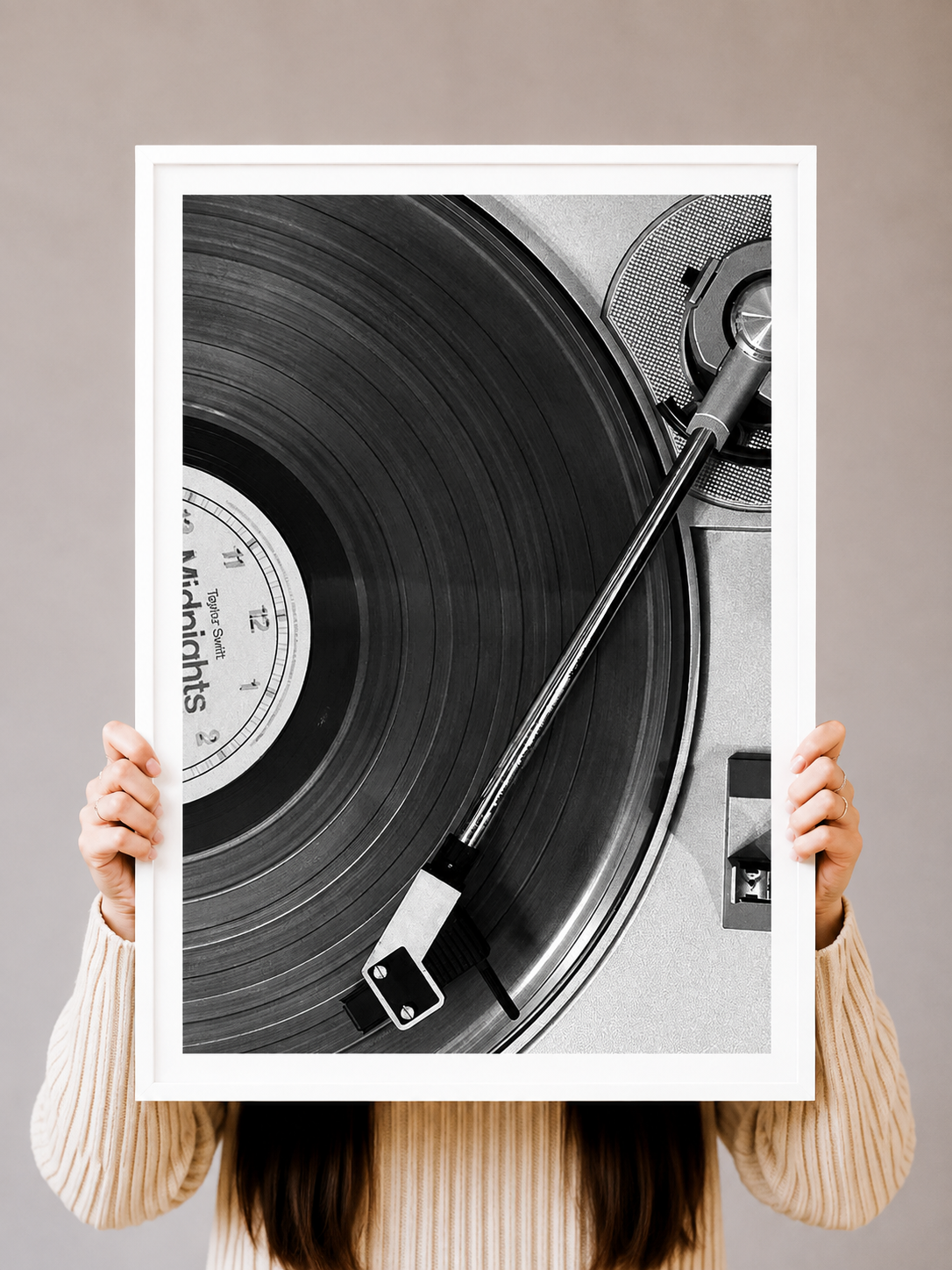 Vinyl Record Photography Art Print displayed as monochrome music wall art in a warm modern interior