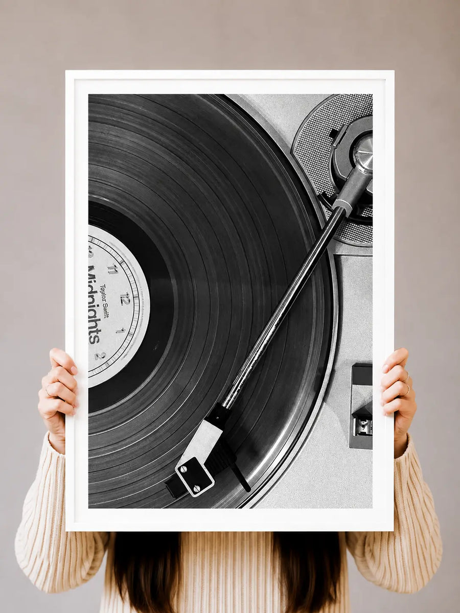Vinyl Record Photography Art Print displayed as monochrome music wall art in a warm modern interior