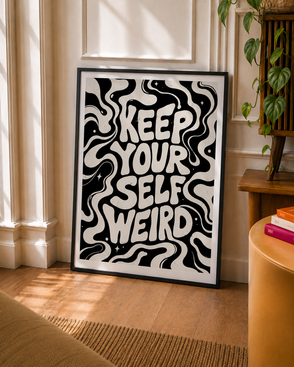 Keep Yourself Weird Art Print featuring bold wavy lettering and psychedelic black and white graphics