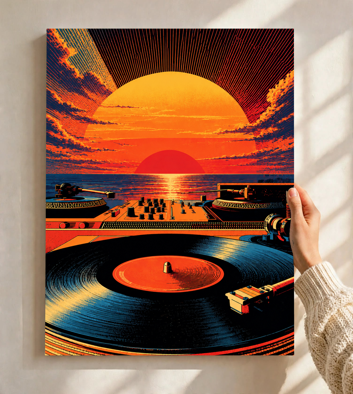Retro Sunset Vinyl Art Print displayed as an unframed poster, combining a glowing red orange sun, winding landscape and record imagery in a bold vertical composition.