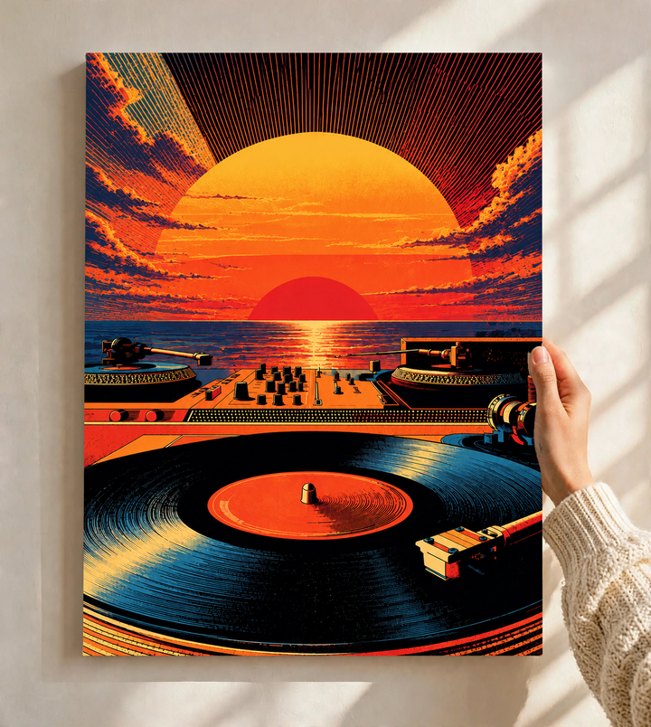 Retro Sunset Vinyl Art Print displayed as an unframed poster, combining a glowing red orange sun, winding landscape and record imagery in a bold vertical composition.