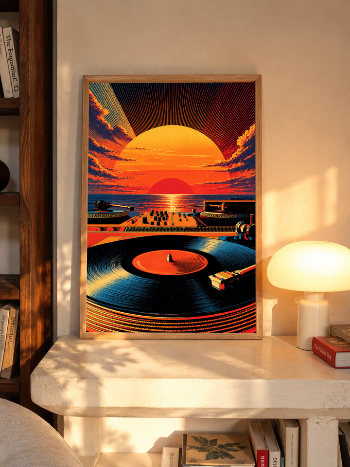 Vintage music landscape artwork in a natural oak frame, featuring a vivid sunset, layered scenery and vinyl record design with warm retro colors.