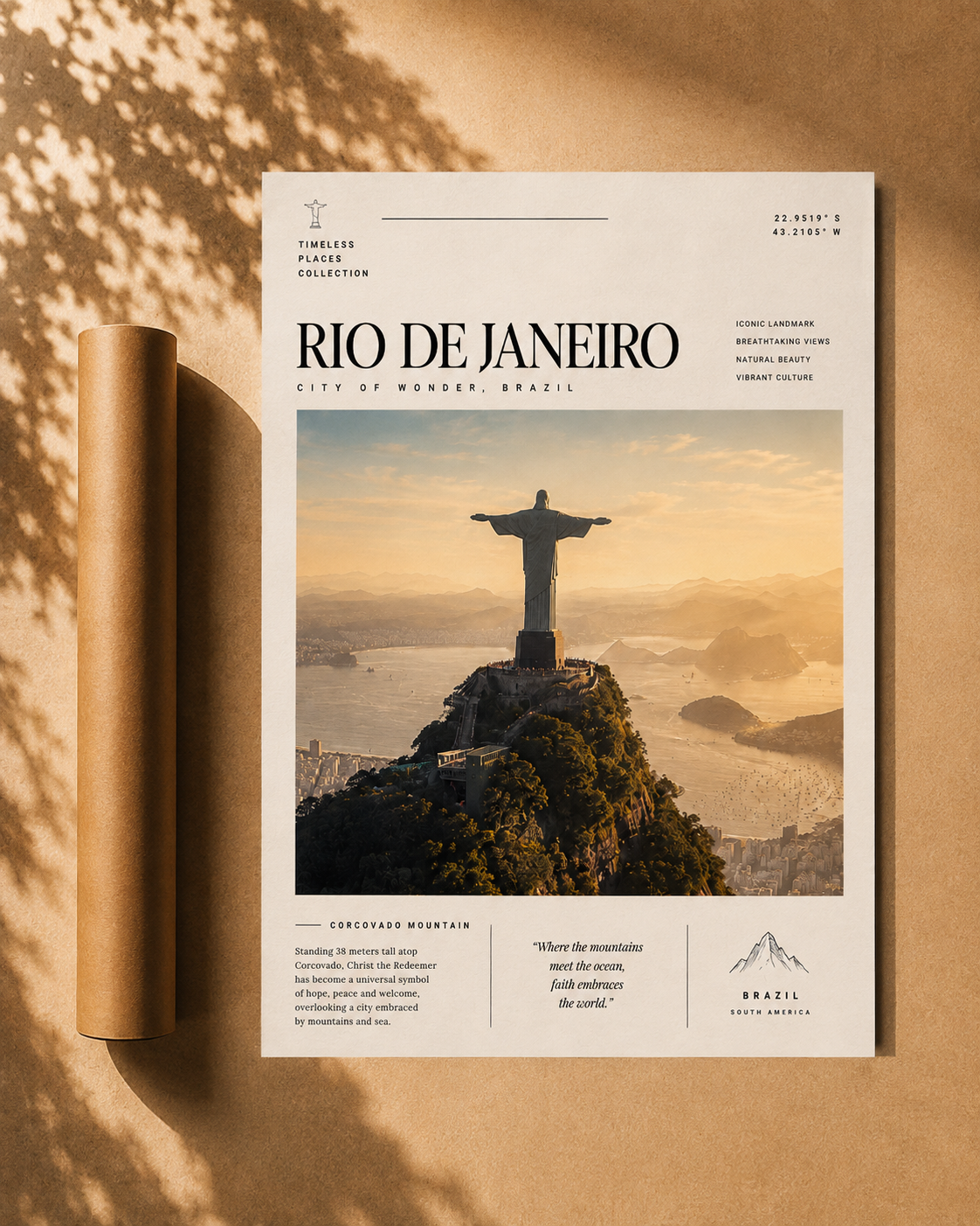 Rio de Janeiro Travel Print featuring Christ the Redeemer overlooking Brazil's dramatic mountains in a vintage travel poster style.