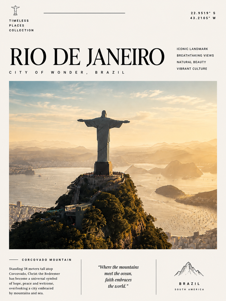 Rio de Janeiro Travel Print showcasing the iconic Christ the Redeemer with panoramic mountain and coastal views.