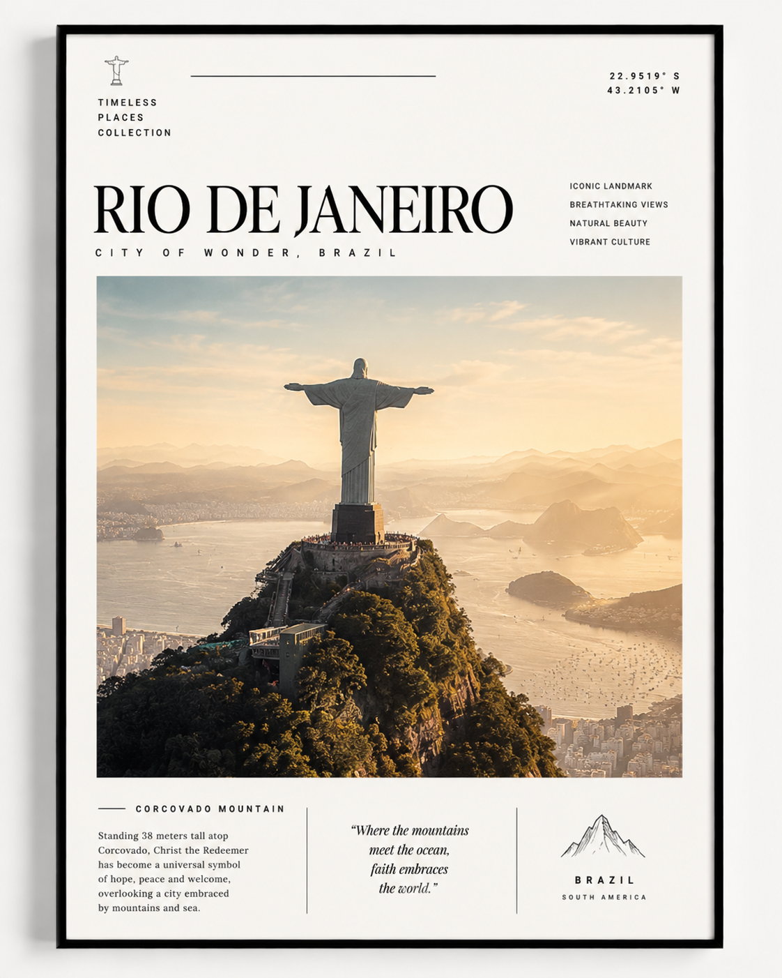 Rio de Janeiro Travel Print displaying Christ the Redeemer surrounded by breathtaking mountain landscapes and warm sunset tones.