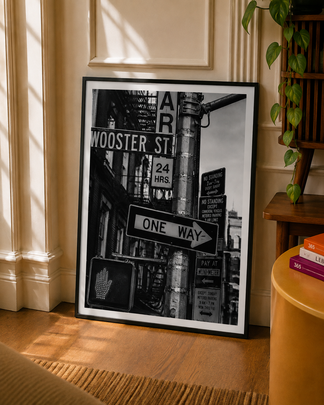 New York Street Sign Art Print displayed in a slim black frame beside warm natural window light