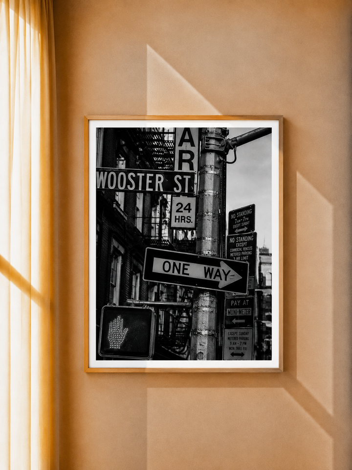 New York Street Sign Art Print highlighting One Way signs, street names and distinctive downtown NYC details