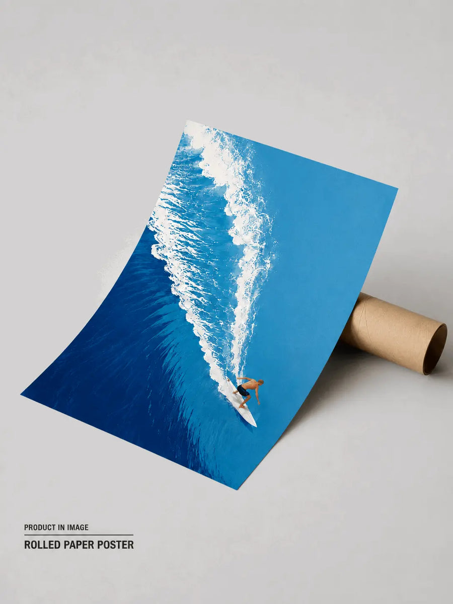Azure Surf wall art rolled paper poster, blue ocean wave scene with surfer silhouette