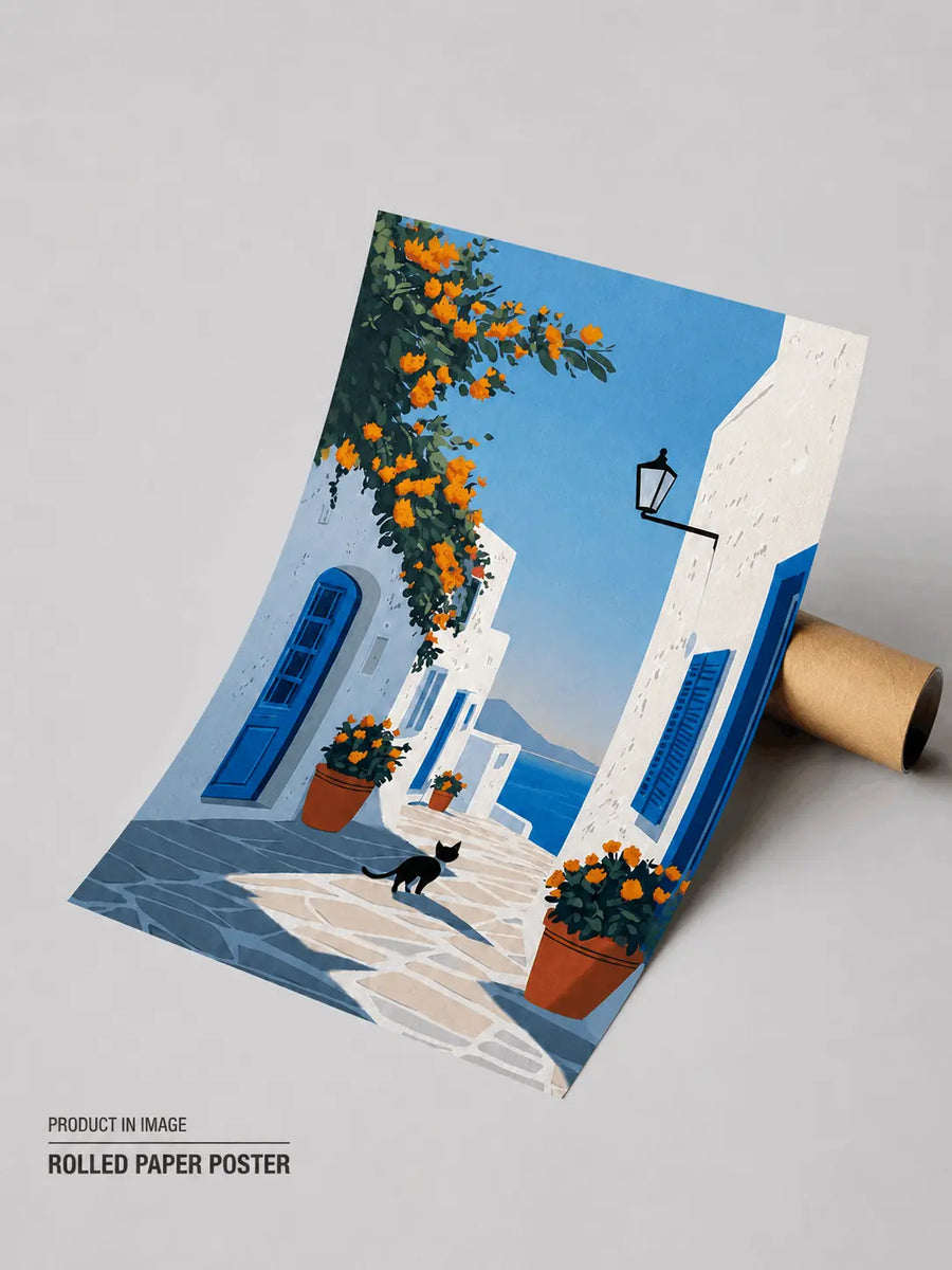 Rolled paper poster with blue Santorini alley and orange flowers