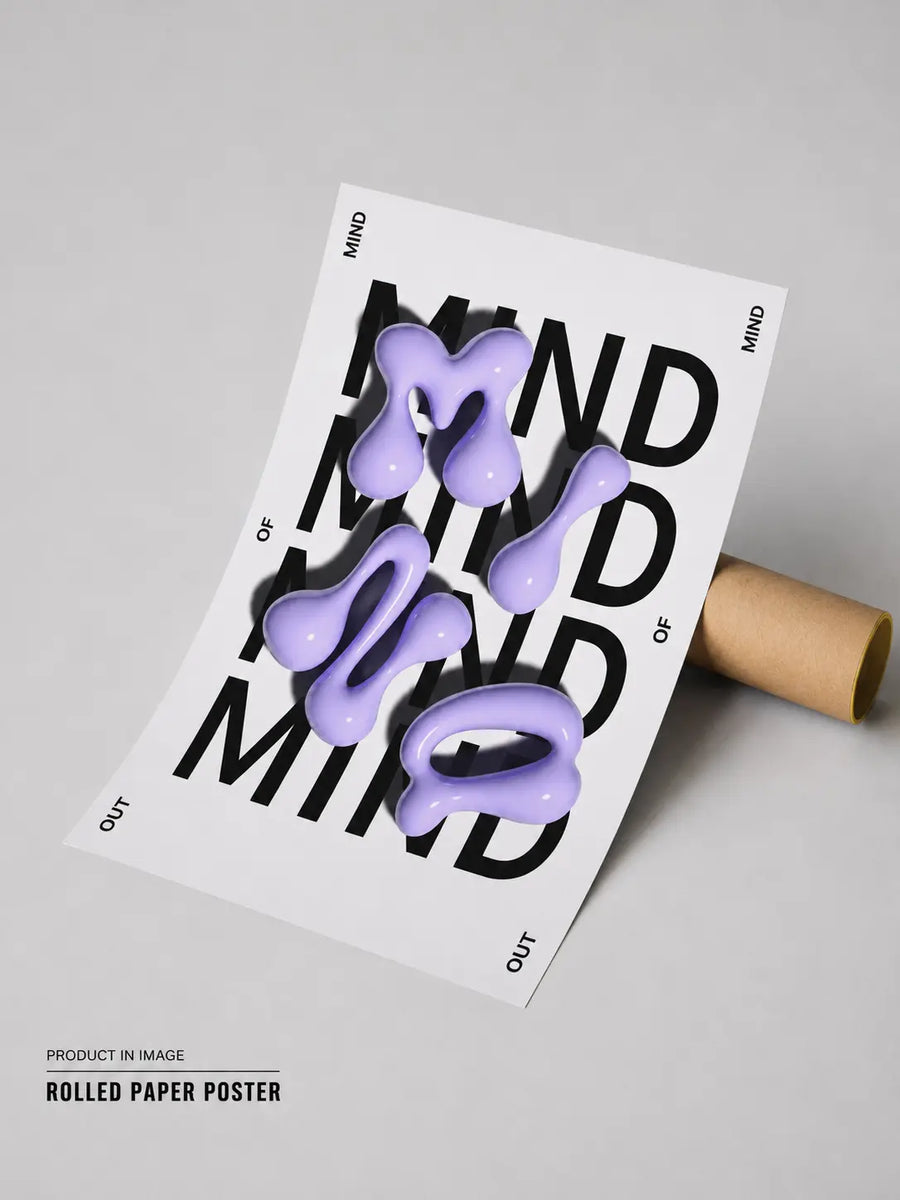 Póster tipográfico de papel enrollado con texto negro y formas abstractas moradas, vista en ángulo