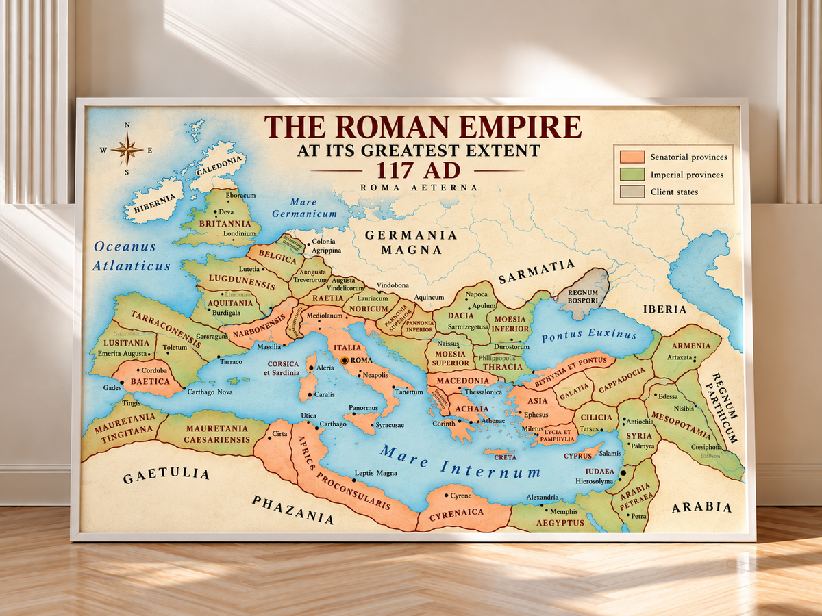 Roman Empire Map depicting the empire under Trajan in 117 AD with imperial, senatorial and client state territories