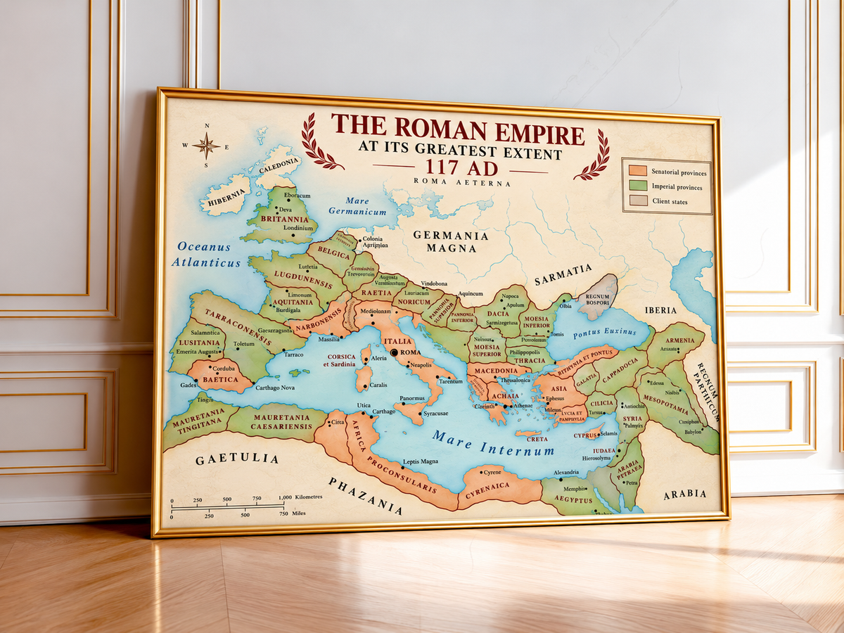Roman Empire Map showing Ancient Rome at its greatest territorial extent across Europe, North Africa and the Middle East in 117 AD