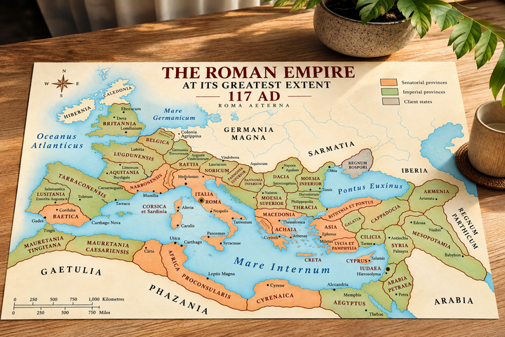 Roman Empire Map in antique cartographic style with detailed Mediterranean regions and historical Roman geography