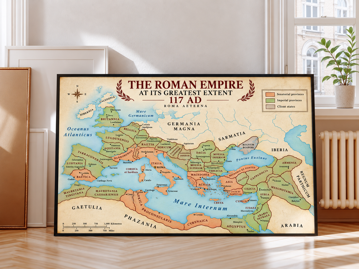 Roman Empire Map featuring historic provinces, Mediterranean geography and detailed ancient territorial boundaries