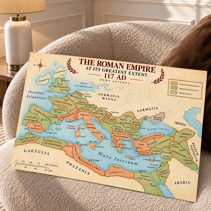 Roman Empire Map wall art highlighting Britannia, Germania, Hispania, Italia, Aegyptus and eastern Roman provinces