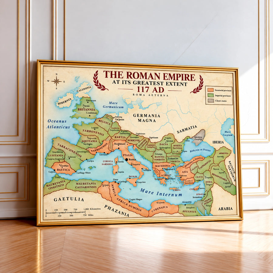 Roman Empire map wall art print with gold frame, vintage-style colored map