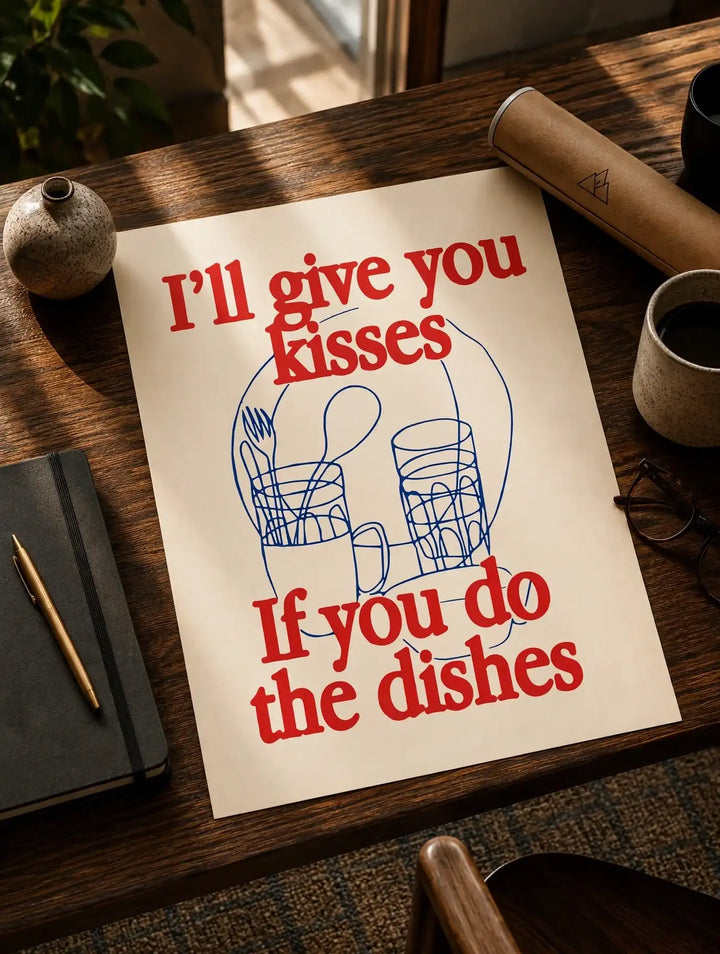 Unframed kitchen quote print on wooden table, red quote and blue dish sketch