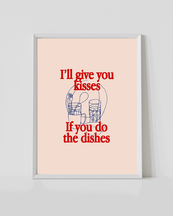 Framed kitchen quote print with red text and blue dish illustration on light background