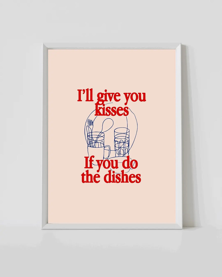 Framed kitchen quote print with red text and blue dish illustration on light background