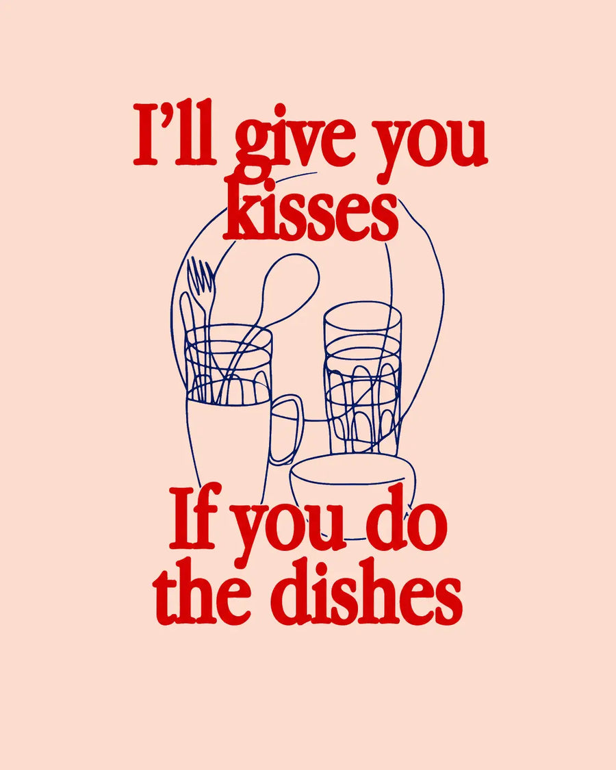 Kitchen quote print close-up: red lettering with blue dish illustration on peach background