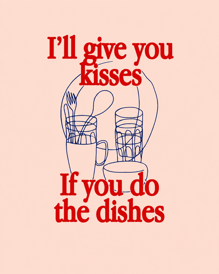 Kitchen quote print with red lettering and blue dish icons: “I’ll give you kisses”