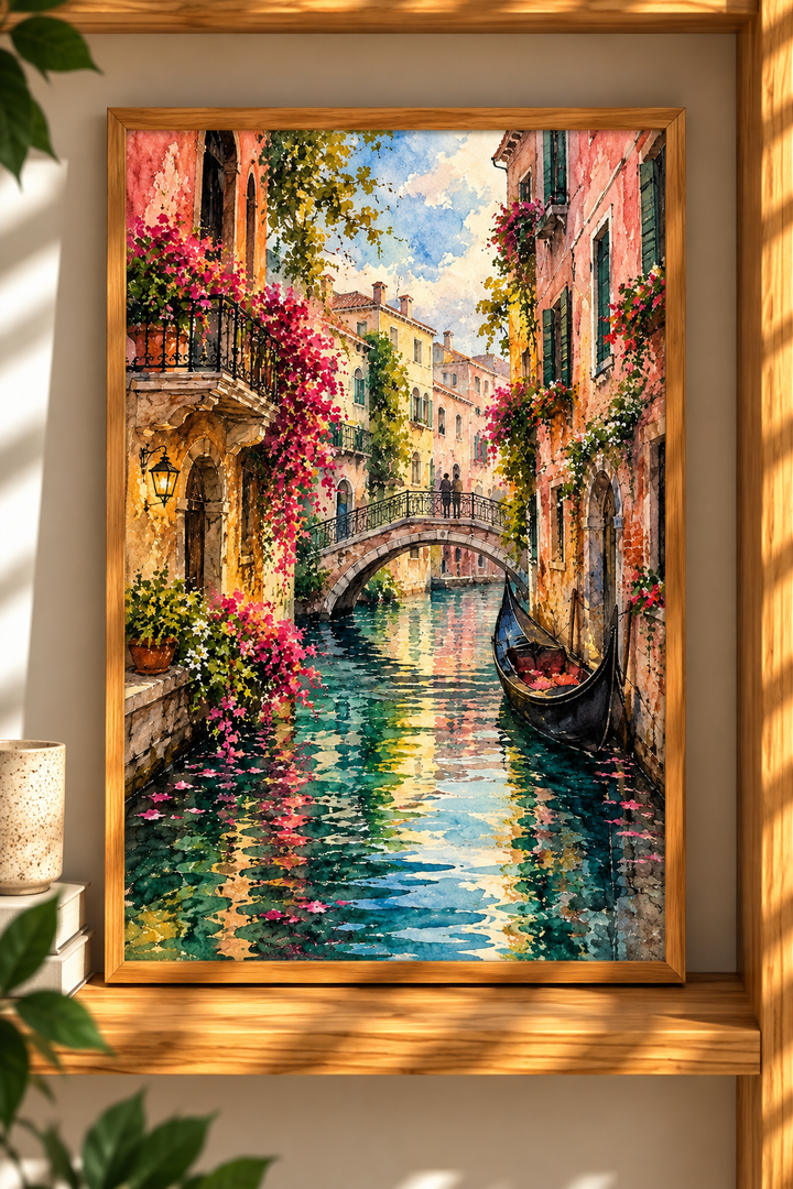 Colorful Street Watercolor Art Print presented in a natural oak frame with vivid European street scenery