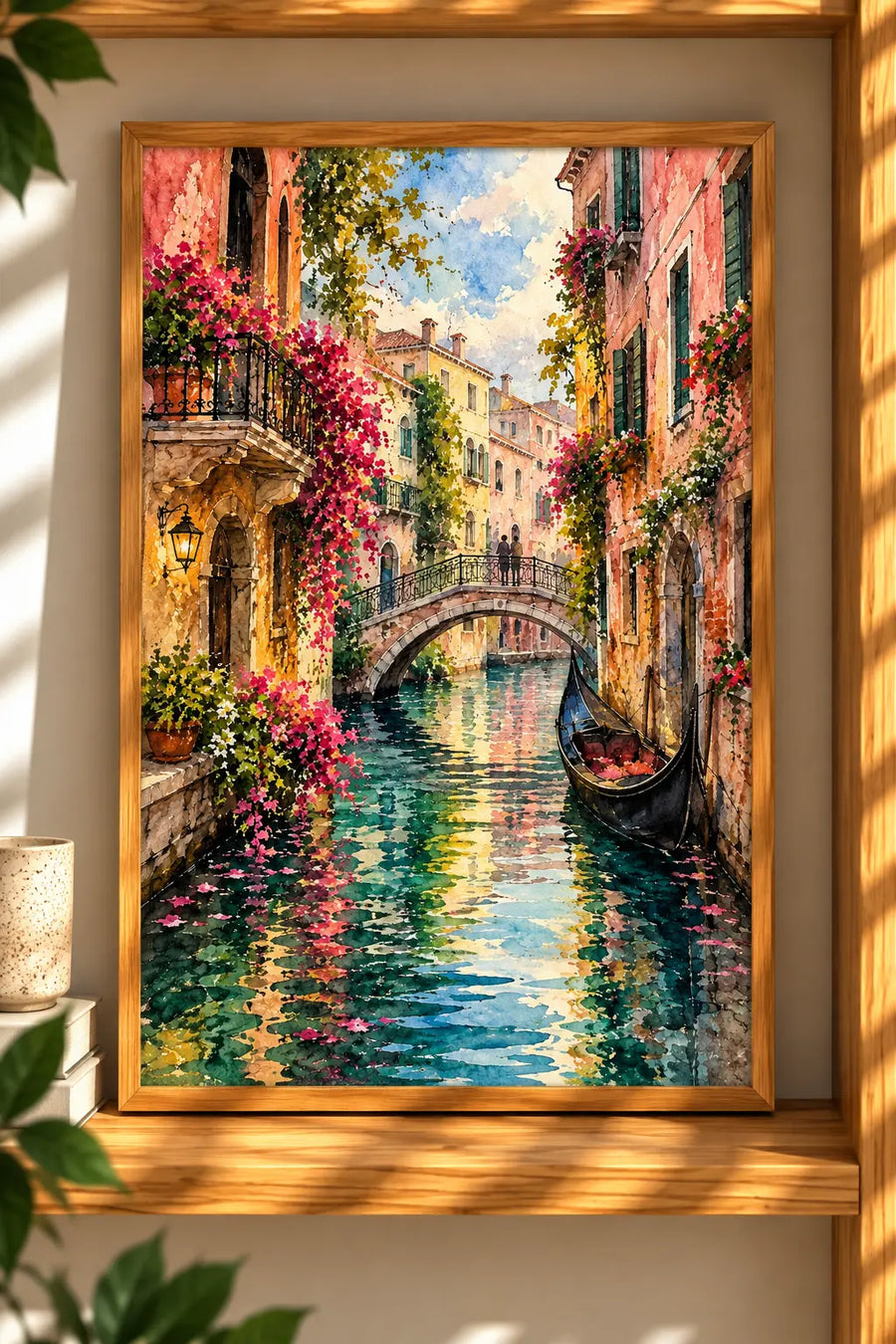 Colorful Street Watercolor Art Print presented in a natural oak frame with vivid European street scenery