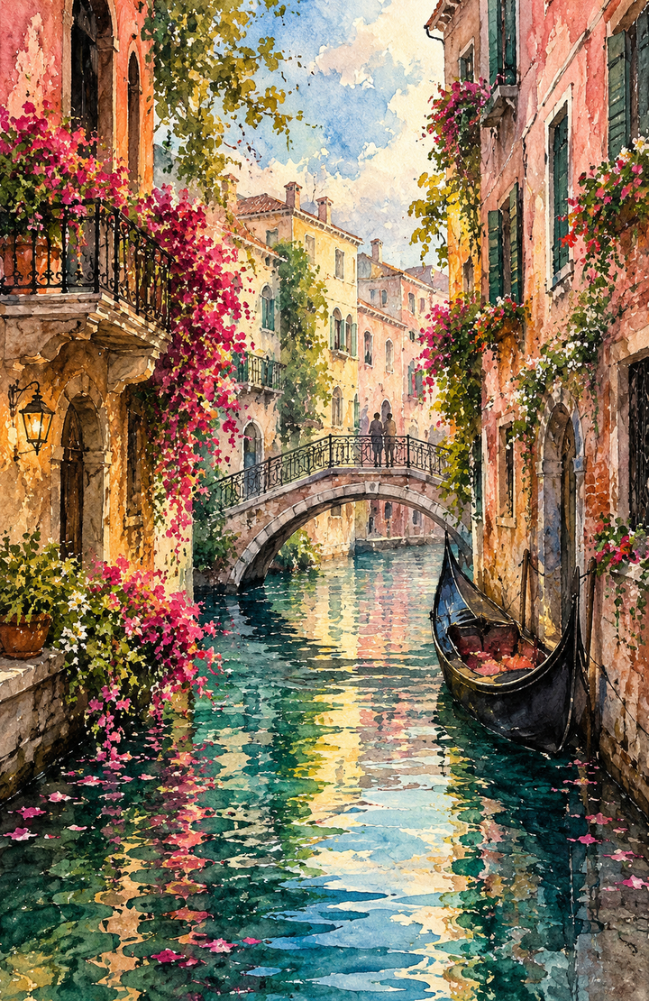 Colorful Street Watercolor Art Print featuring rich painterly colors and atmospheric European cityscape details